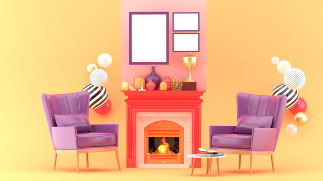 Frame on the fireplace surrounded by Armchair on an orange background.-3d rendering..