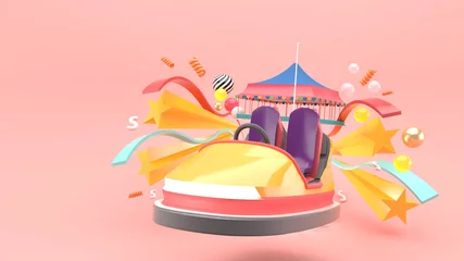Deurstickers Carnival car surrounded by stars and ribbons on a pink background.-3d rendering.. © Garfieldbigberm