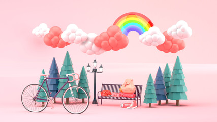 Bike and backpacks in the park on the pink sky.-3d rendering..
