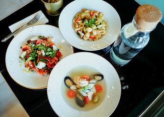 Dish breakfast dinner time plate table black coffee juice musli eggs bread cheesecakes porridge macaroni water menu for cafe restaurant 