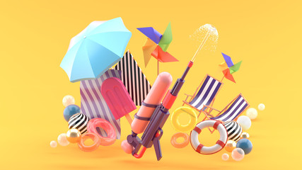 Squirt gun surrounded by umbrellas, rubber rings, beach chairs and turbines surrounded by colorful balls on an orange background.-3d rendering..