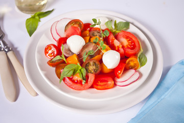 Salad with juicy tomatoes, basil and mozzarella. Top view. Concept for healthy nutrition.