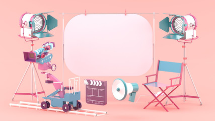 The white screen is surrounded by a movie camera, a spot light, a chair and a megaphone on a pink studio.-3d rendering..