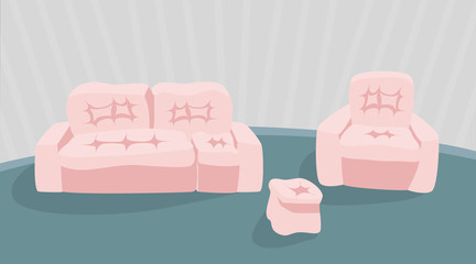 Sofa and armchair on the grey wall in the background. Flat vector illustration