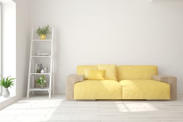 White living room with sofa. Scandinavian interior design. 3D illustration