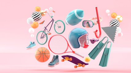 Helmet, tennis racket, skateboard, cycle, basketball, American football, shoes and diving equipment surrounded by colorful balls on a pink background.-3d rendering..
