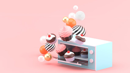 .Cupcakes floating out of the oven Surrounded by colorful balls on a pink background.-3d rendering..