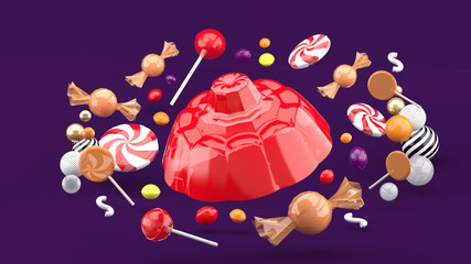Jelly is surrounded by candy and colorful balls on a purple background.-3d rendering..