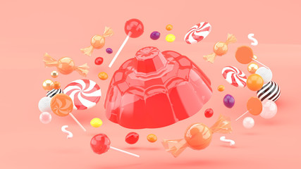 Jelly is surrounded by candy and colorful balls on a pink background.-3d rendering..
