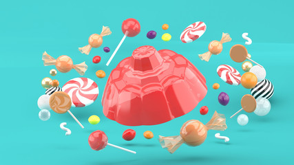 Jelly is surrounded by candy and colorful balls on a blue background.-3d rendering..