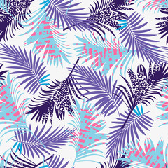 Turquoise purple pink summer seamless pattern with tropical pink black plants on a menthol background. Creative abstract background.  Floral  Hawaii print.  Jungle Exotic wallpaper.