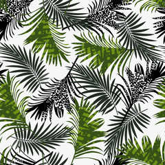 Trend summer seamless pattern with tropical  black plants on a colirful background. Floral pattern.Trendy summer Hawaii print.  Creative abstract background. Jungle leaves. Exotic wallpaper.