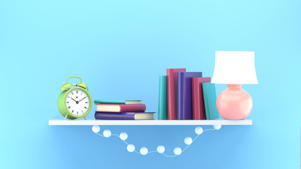 Bookshelf, clock and lamp on a blue background.-3d rendering..