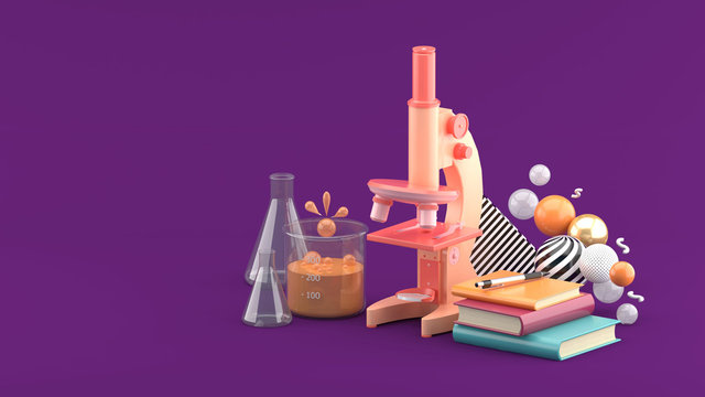 Microscopes, books and test tubes amidst colorful balls on a purple background.-3d rendering..