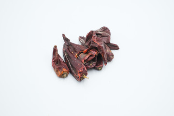 Dried chilli or chili shot in a white isolated background