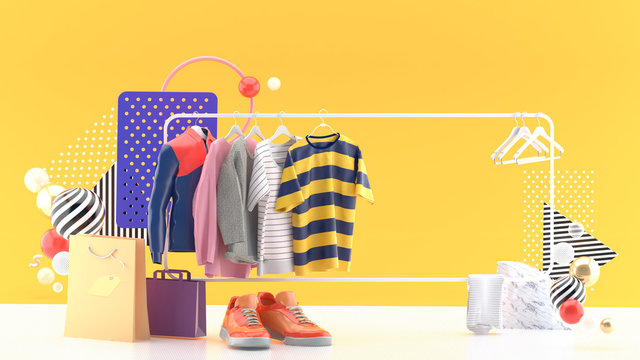 T-shirts and jackets on square rails Surrounded by shoes, watch, sun glasses and shopping bags On a yellow background.-3d rendering.