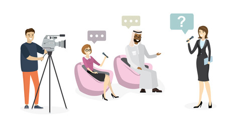 Female reporter with microphone interviews arab businessman and european businesswoman. Worker with camera create video content.