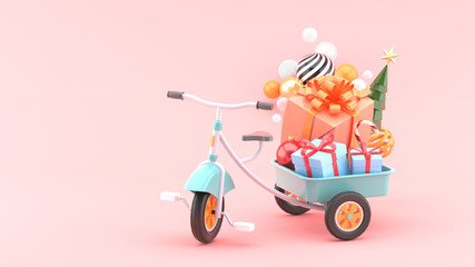 Children's bike carrying Christmas gifts on a pink background.-3d rendering..