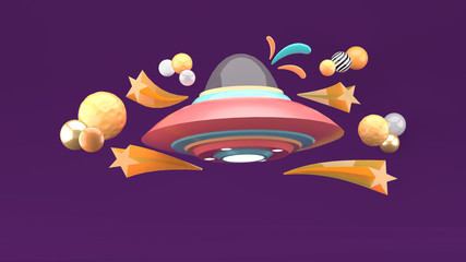 UFO surrounded by meteorites , Balls and stars on a purple background.-3d rendering..