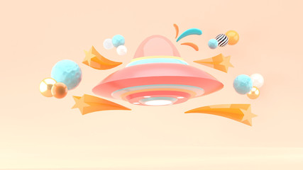 UFO surrounded by meteorites , Balls and stars on a pink background.-3d rendering..