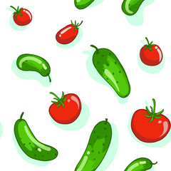 Summer print, vector vegetables, fresh cucumbers and tomatoes / seamless pattern