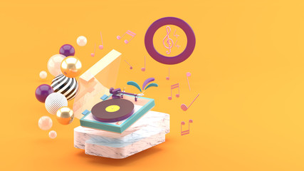 vinyl player surrounded by musical notes and colorful balls on an orange background.-3d rendering..