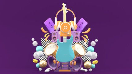 Electric guitars surrounded by drums, speakers, headphones, tape cassette and Turntable on a purple background.-3d rendering.