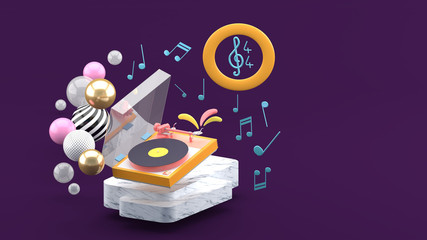 vinyl player surrounded by musical notes and colorful balls on a purple background.-3d rendering..