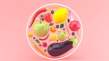 Eggplant, carrots, peppers, apples And the lemon inside the circle on the pink background.-3d rendering.