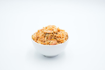 Dried shrimp shot in a white isolated background