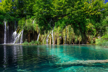 Fototapeta premium The waterfalls and lakes at the Plitvice lakes. Croatia. Azure clean waters. National park.