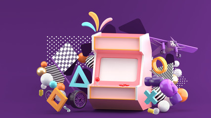 Game cabinet surrounded by wheels, boxing gloves And aircraft On a purple background.-3d rendering..