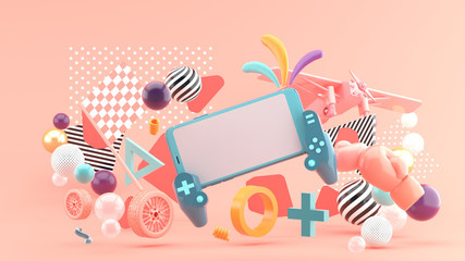 Smart phones and devices, playing games around the wheels, boxing gloves And aircraft On a pink background.-3d rendering..
