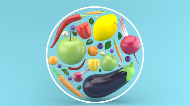 Eggplant, carrots, peppers, apples And the lemon inside the circle on the blue background.-3d rendering.