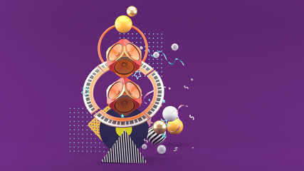 The speaker is surrounded by a piano, amidst colorful balls on a purple background.-3d rendering..