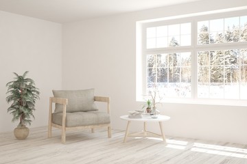 Fototapeta na wymiar White room with armchair and winter landscape in window. Scandinavian interior design. 3D illustration