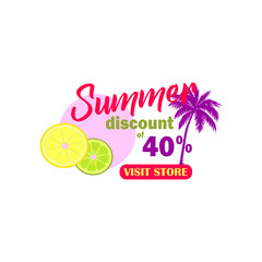 Summer discount up to 40% stylish vector template with palm and lemon and lime slices.