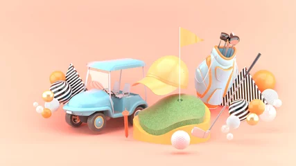 Selbstklebende Fototapeten Green golf surrounded by golf carts, caps, golf balls, golf clubs and golf bags among colorful balls on a pink background.-3d rendering.. © Garfieldbigberm
