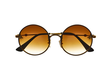 Round, female, with brown lenses, sunglasses on white isolated background.