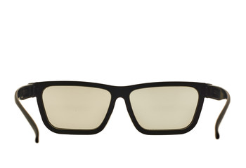 Square shape with black lenses glasses for watching 3 D movies on isolated white background.