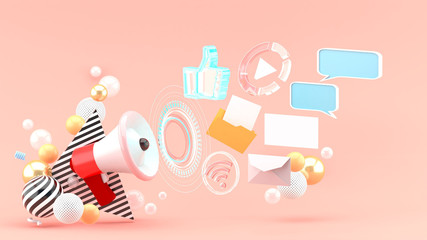 Promotion megaphone surrounded by work files, letters, messages and pictures among colorful balls on a pink background.-3d rendering..