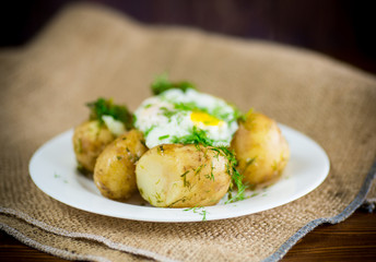 boiled early potatoes with fried egg and dill