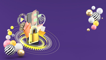 Locks protection the smartphone  surrounded by colorful balls on a purple background.-3d rendering.