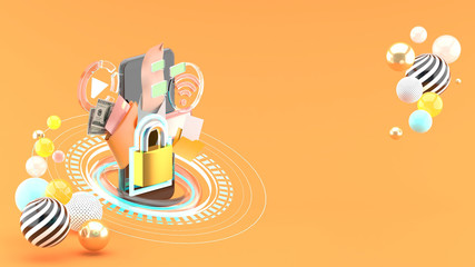 Locks protection the smartphone  surrounded by colorful balls on an orange background.-3d rendering.