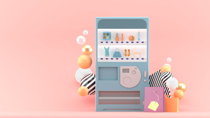 The vending machine is surrounded by colorful balls and shopping bags on a pink background.-3d rendering. - obrazy, fototapety, plakaty