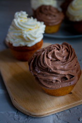 chocolate cupcake on a kitchen board, vertical photo