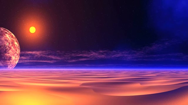 Sunset over Alien Desert. On a dark starry sky quickly sits a bright yellow sun. Above the horizon is a huge planet. Dunes are painted in yellow to violet. Slowly floating clouds.