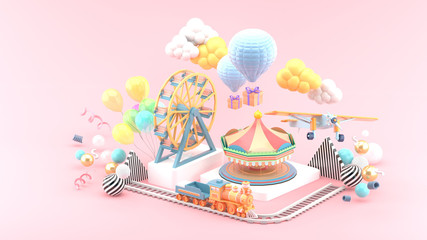 Carousel, Ferris wheel, train, balloon and plane surrounded by colorful balls on a pink background.-3d rendering..