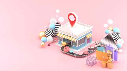 The bakery's belt comes out in front of the store, surrounded by a purse, shopping bags and colorful balls on a pink background.-3d rendering..
