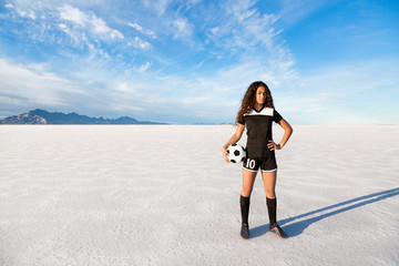 Outdoor portrait of a confident young african american female soccer player. Photo taken at the...